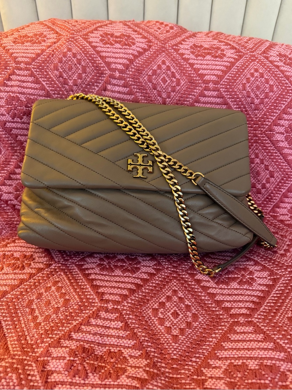 Tory Burch Taupe Quilted Chain-Shoulder Bag